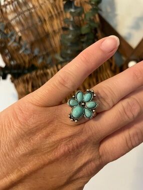 Buckle Turquoise Flower Cluster Ring - Blue Stones